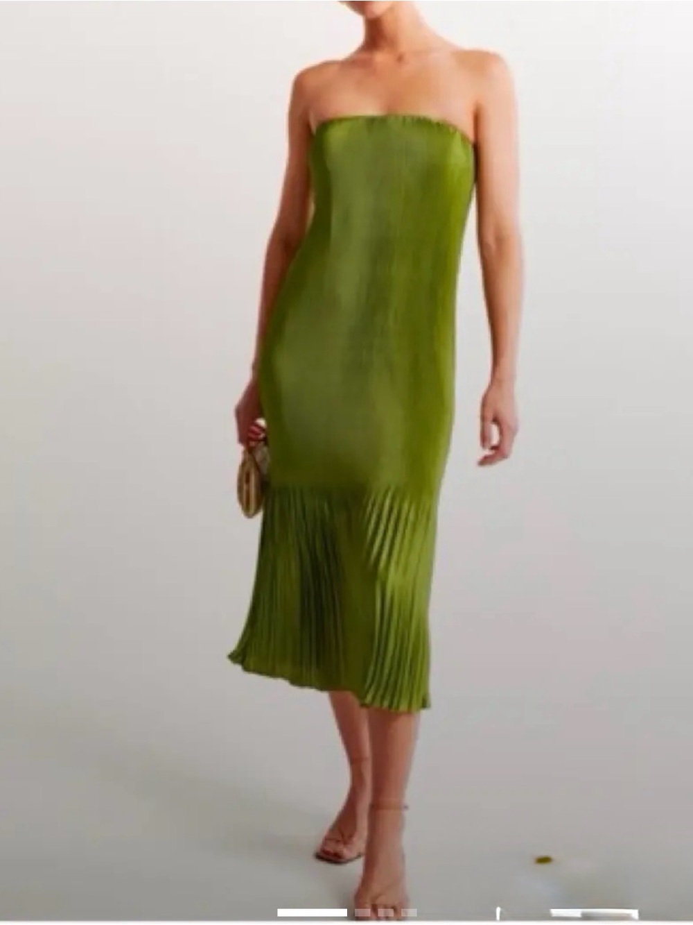 Abercrombie & Fitch Olive Green Strapless Pleated-Hem Midi Dress